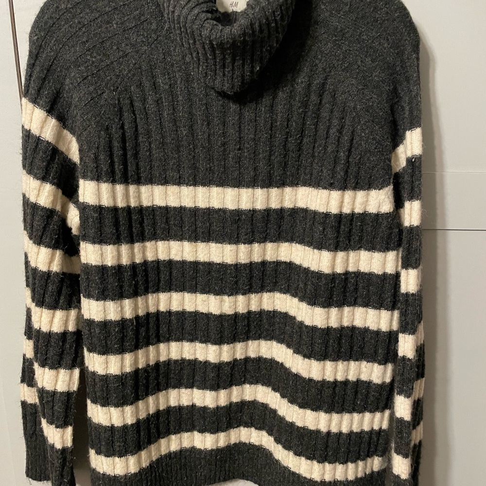 H&M Women's Charcoal and Cream Striped Cowl neck Sweater.
